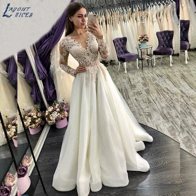 

ZL1003 New Sexy Long Sleeves Elegant A-Line Lace Appliques Tulle Wedding Dresses 2019 Celebrity vestido De Noiva Bridal Gowns