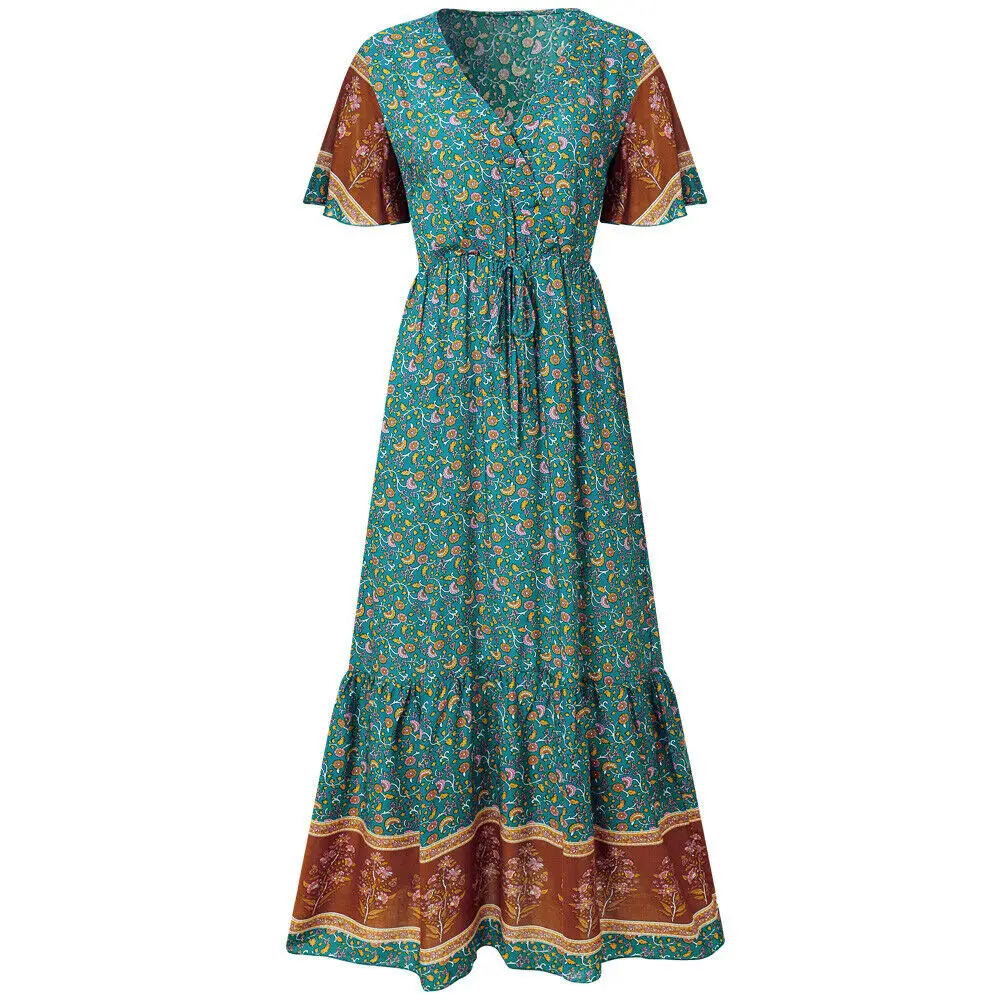 Women Summer Maxi Dress Boho Flowers Print Button Down Flare Sleeve Loose Dress Casual dresses woman party night beach dresses Women Summer Maxi Dress Boho Flowers Print Button Down Flare Sleeve Loose Dress Casual dresses woman party night beach dresses