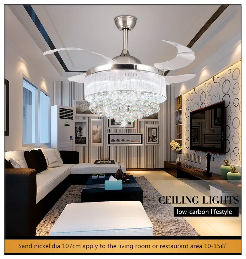 Modern European Elegant Crystal Round Shaped LED Ceiling Fan Lights with Foldable Invisible Blades ceiling-fan-light-remote : image Modern European Elegant Crystal Round Shaped LED Ceiling Fan Lights with Foldable Invisible Blades ceiling-fan-light-remote