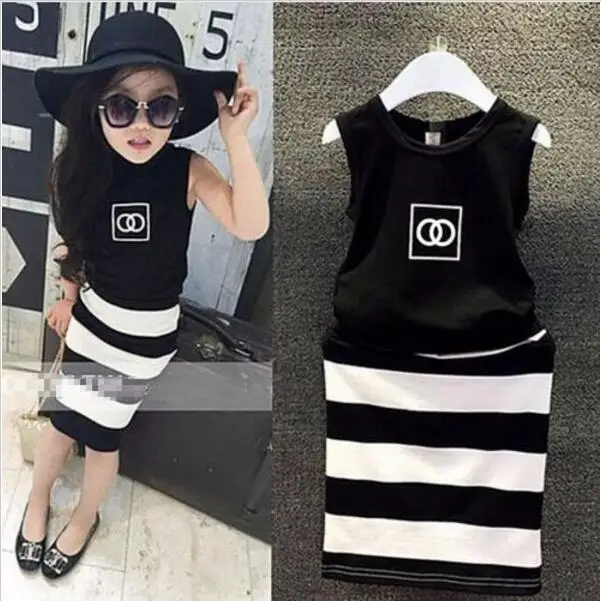 

UNIKIDS 2016 Brand Baby Girls Clothes 2pcs/set Summer Style Vest+stripes Skirt Girls Clothing Set Children's Kids Clothes Sets