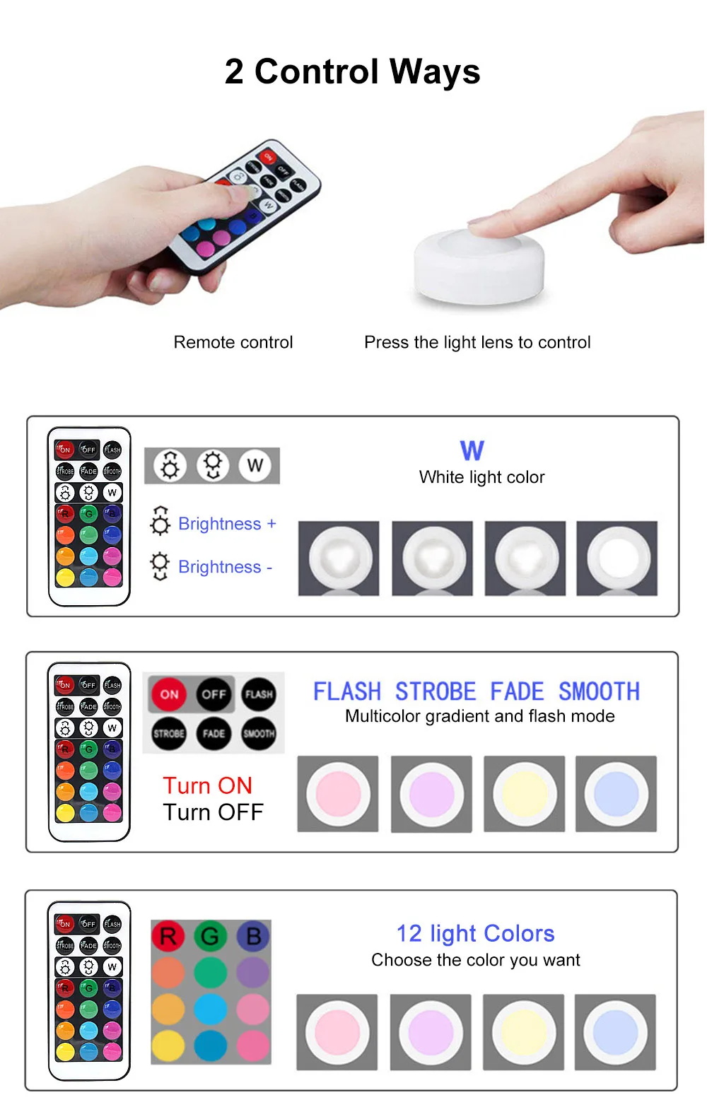 Светодиодный лампа для шкафа ночник RGB 13 цветов rgbw сказочные огни беспроводной под шкаф светильник на батарейках с пультом дистанционного управления