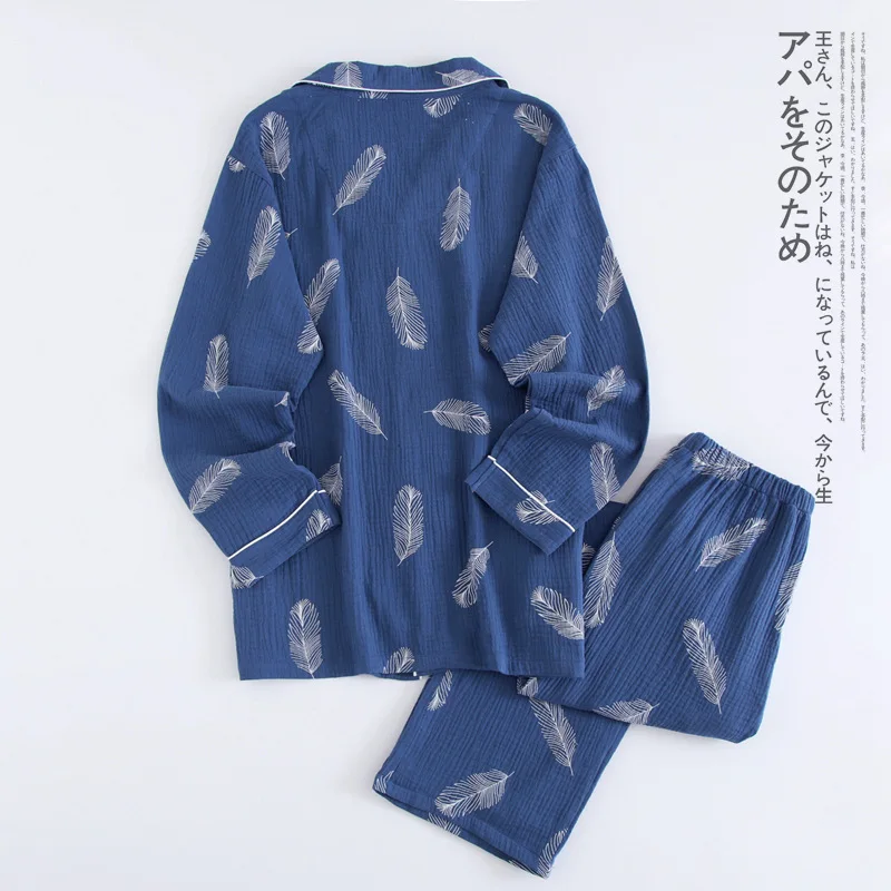 New Autumn Men's Crepe 100% Cotton Gauze Suit Long Sleeves Trousers Mens Pajama Set Men Sleepwear Cartoon Nightwear 2 Piece Set men's cotton pajama pants with pockets