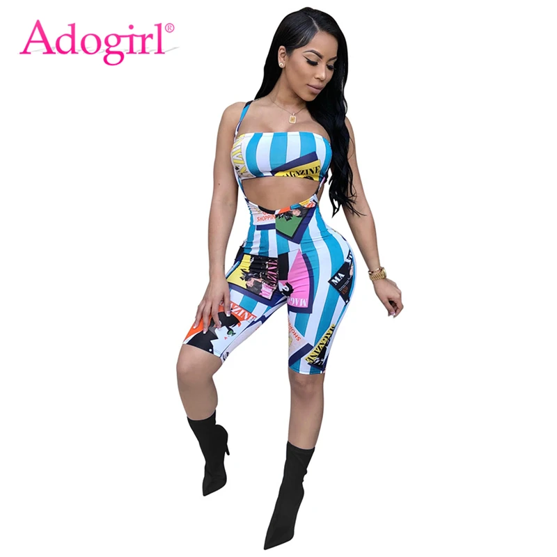 Adogirl الأزياء الكرتون شريط طباعة النساء رياضية مثير حمالة المحاصيل أعلى الركبة طول حمالة السراويل نادي اثنين من قطعة مجموعة