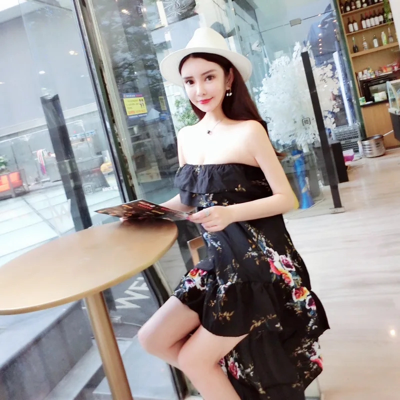 2018 New Summer Women's  Sexy  Printing  Ruffles Tops  Irregular Paty Dress Free Shipping