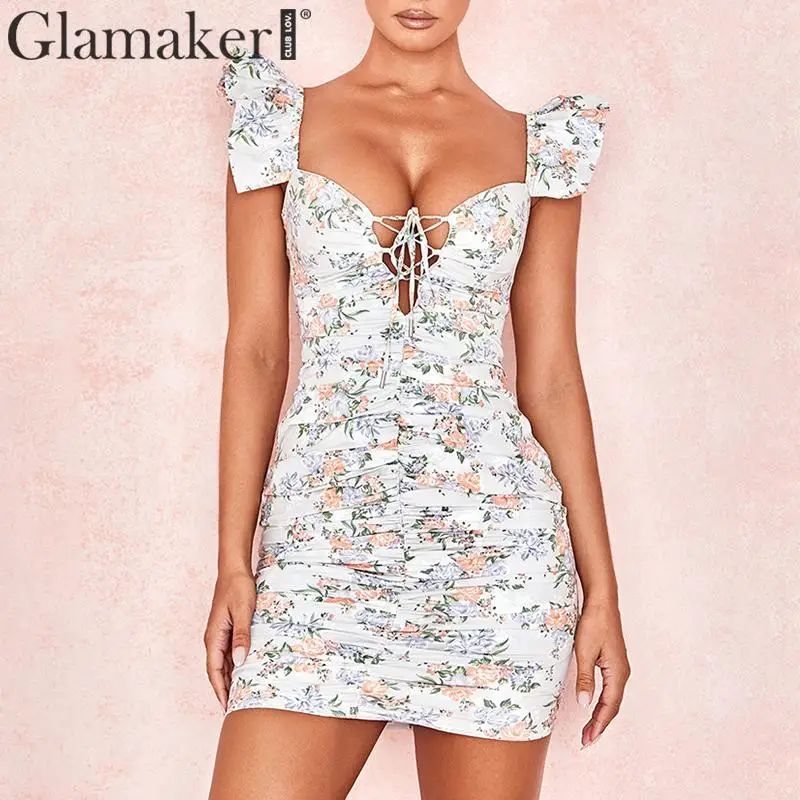 Glamaker, платье с оборками и цветочным принтом, женское, элегантное, на шнуровке, Мини Короткое платье, сексуальные, вечерние, для ночного клуба, женское платье, vestidos