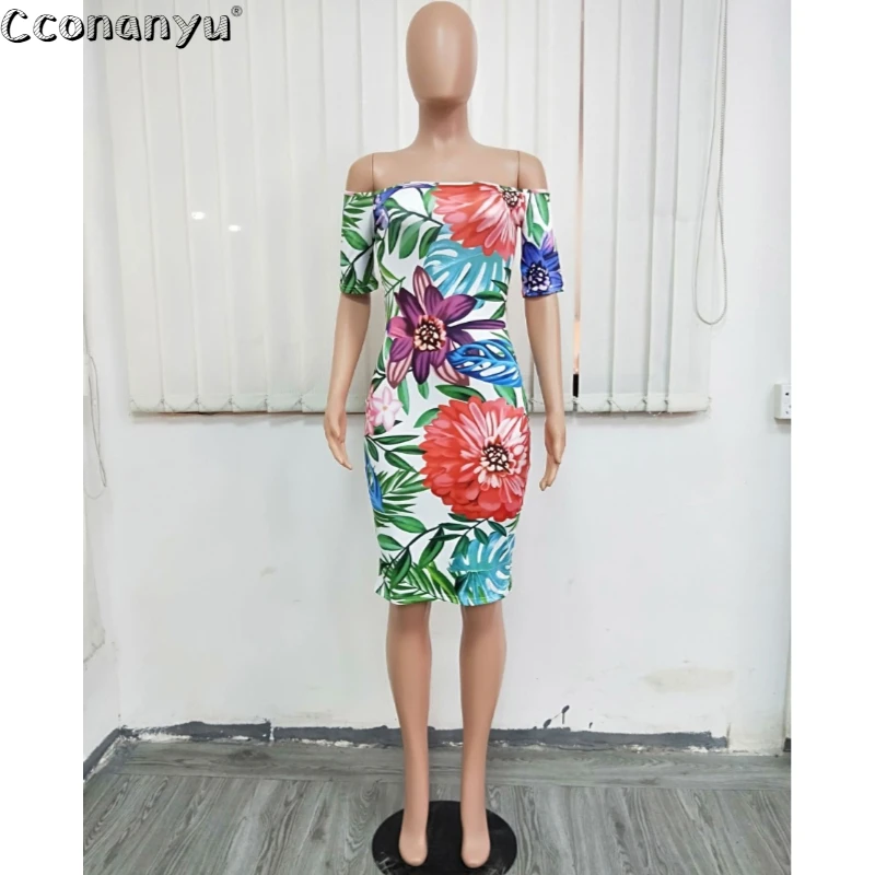 Print Floral Dress for Women 2019 Short Sleeve Printing Slash Neck Summer Dress Elegant Patchwork Sexy Club Party Night Dresses