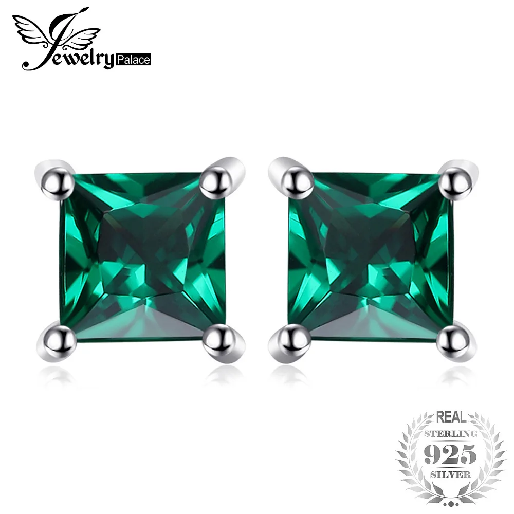 JewelryPalace 0.6ct Green Nano Russian Created Emerald Earrings Stud Women Classic Square Cut 925 Sterling Silver Jewelry Gift