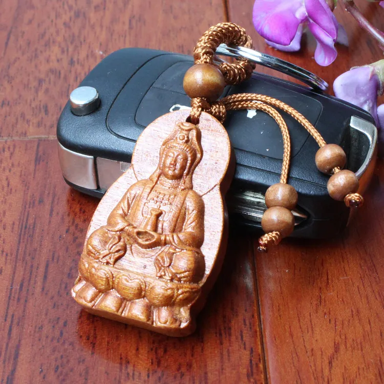 

1 pc Carved Avalokitesvara woodwork Wood Key Chain Car/Bag/Purse Keychain Pendant Wooden Buddha Keyring Accessory
