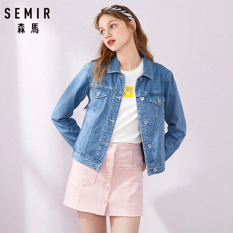astounding SEMIR Women 100% Cotton Short Denim Jacket with Collar Girl Boyfriend Denim Jacket with Chest Pocke