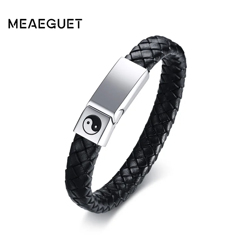 Only bracelet Meaeguet ручной работы из натуральной кожи браслет для мужчин даосский Тай Чи магнитная пряжка нержавеющая сталь гравировка ID браслет и браслет - Окраска металла: Only bracelet