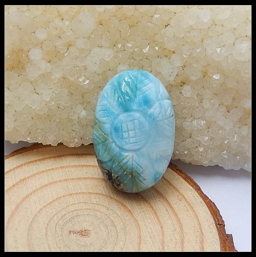 

Only One!!!Natural Stone Oval Shape Carving Flower Precious Larimar Semiprecious Stone Beauty DIY Cabochon 30x19x10mm 11.6g