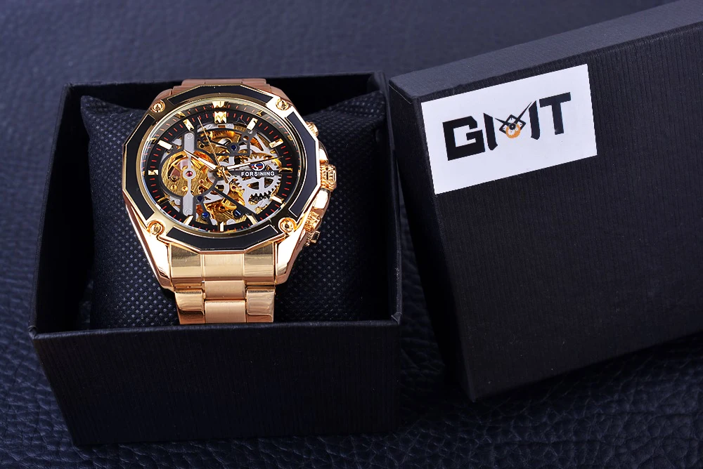 Forsining Transparent Case Golden Stainless Steel Skeleton Luxury Design Men Watch Automatic Watch