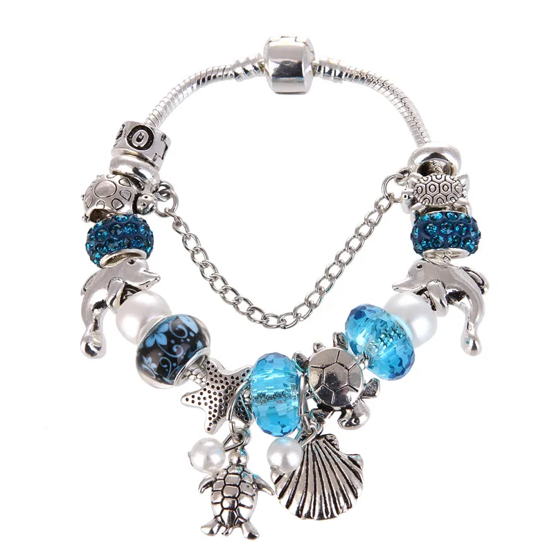 

Silver plated Silver plated Blue crystal Beads Turtle Shell Pendant Charms Noble Pan Bracelet For Women/Gril gift jewelry