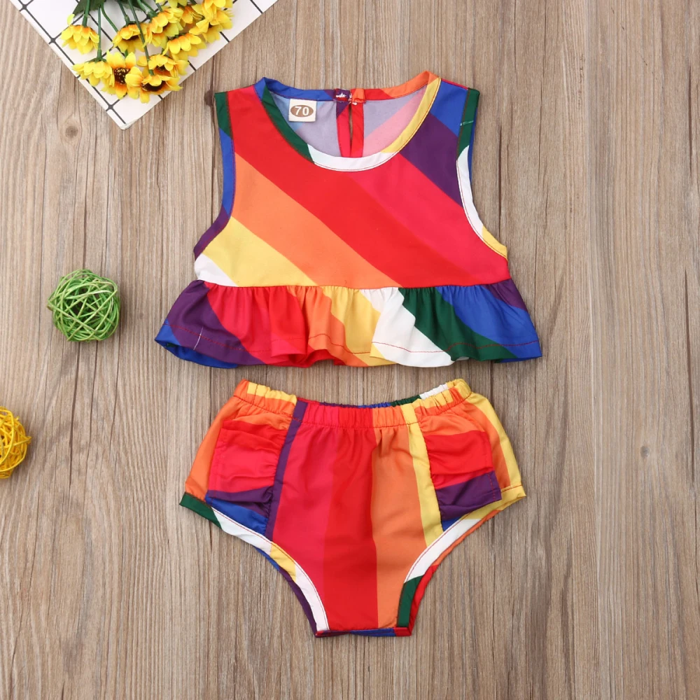 Коллекция года, брендовый топ с оборками и радугой для новорожденных девочек, 2 предмета, Жилет Разноцветные шорты в полоску, одежда модная летняя одежда для малышей