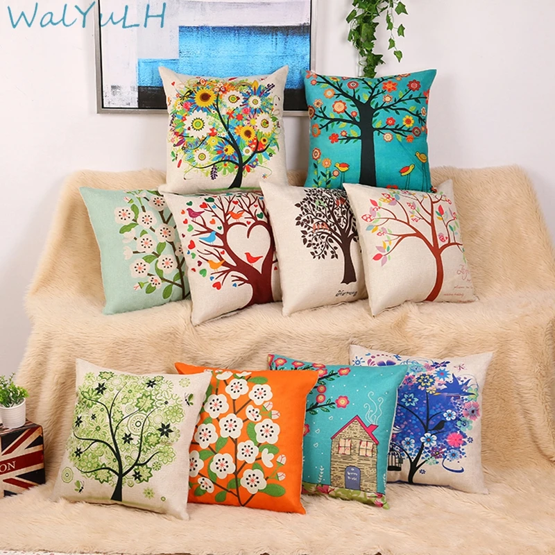 

WalYuLH Natural Style Tree And Flower Pattren Linen Cushion Cover For Sofa Home Decorative Throw Pillow Caes 45*45 High Quality