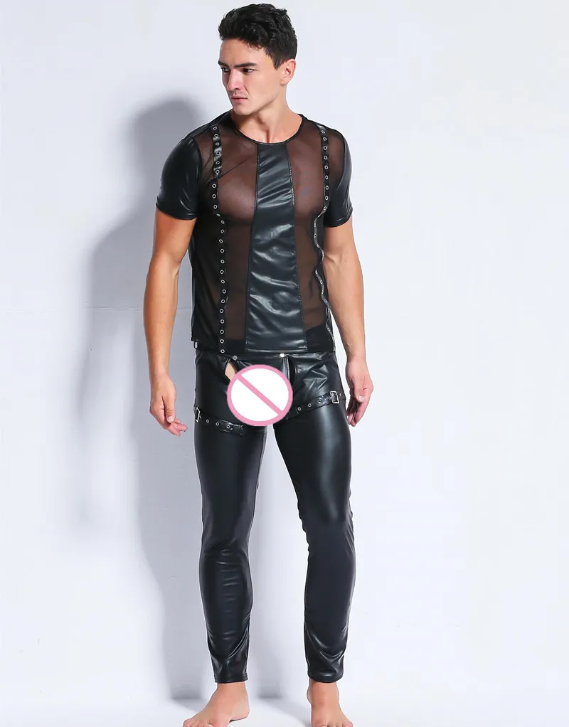 

Men PU Lingerie Plus Size Bodysuit Faux Stage Latex Gay Male Transparent Club Costumes Lingerie Adult Porno Games Gay Mens