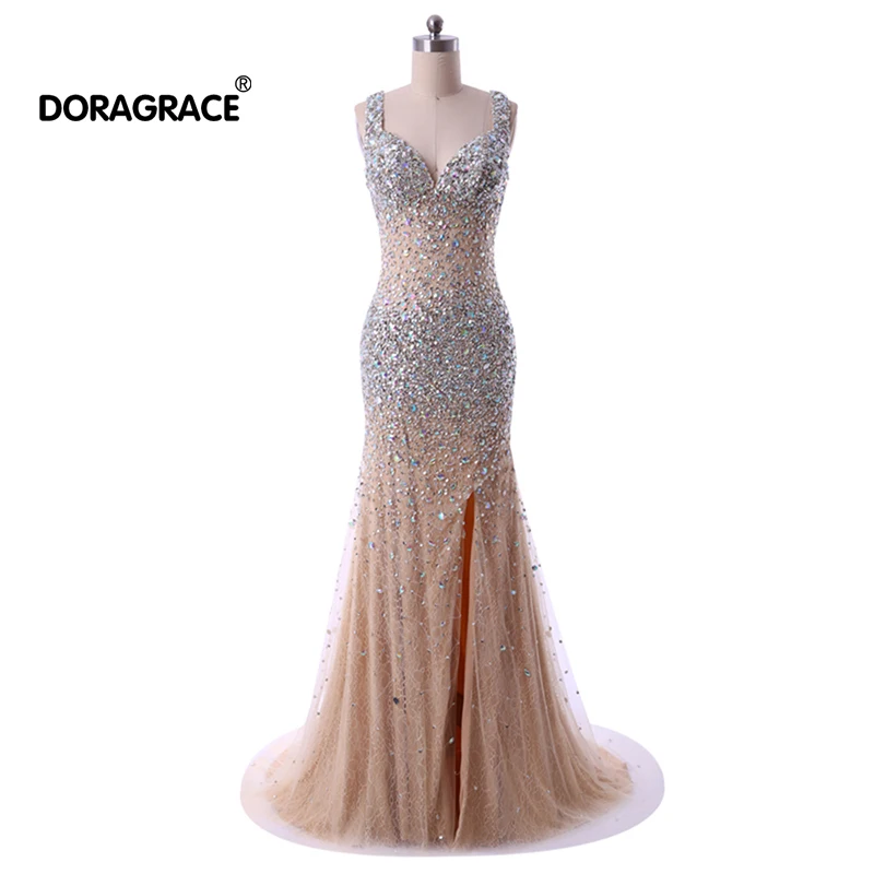 

Doragrace Real Photo V Neck Side Split Open Back Evening Dresses Crystal Prom Gowns Beaded Evening Gowns Mermaid Party Dresses
