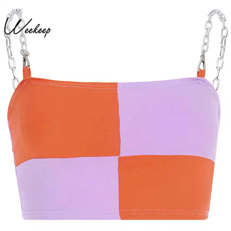

Weekeep Women Patchwork Chain Camisole Cropped Backless Streetwear Crop Top Women 2019 Summer Sexy Crop Top Spaghetti Strap Top