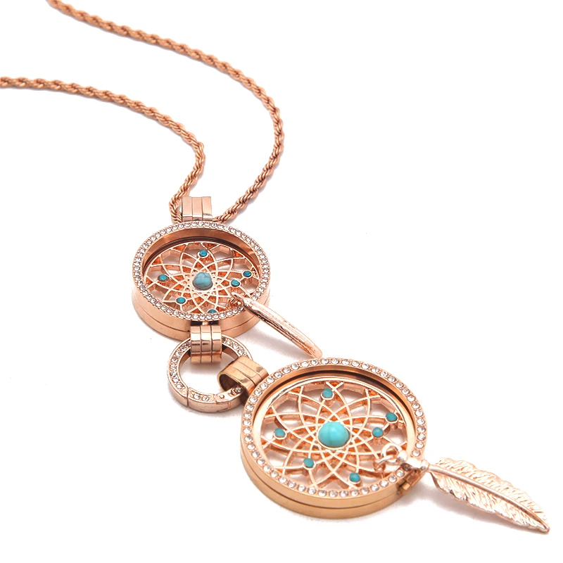 

2017 Hot Stainless Steel Rose Gold Dream Catcher Double Coin Holder Medallion Pendant Necklace Set 2pcs Coins and Crystal Frame