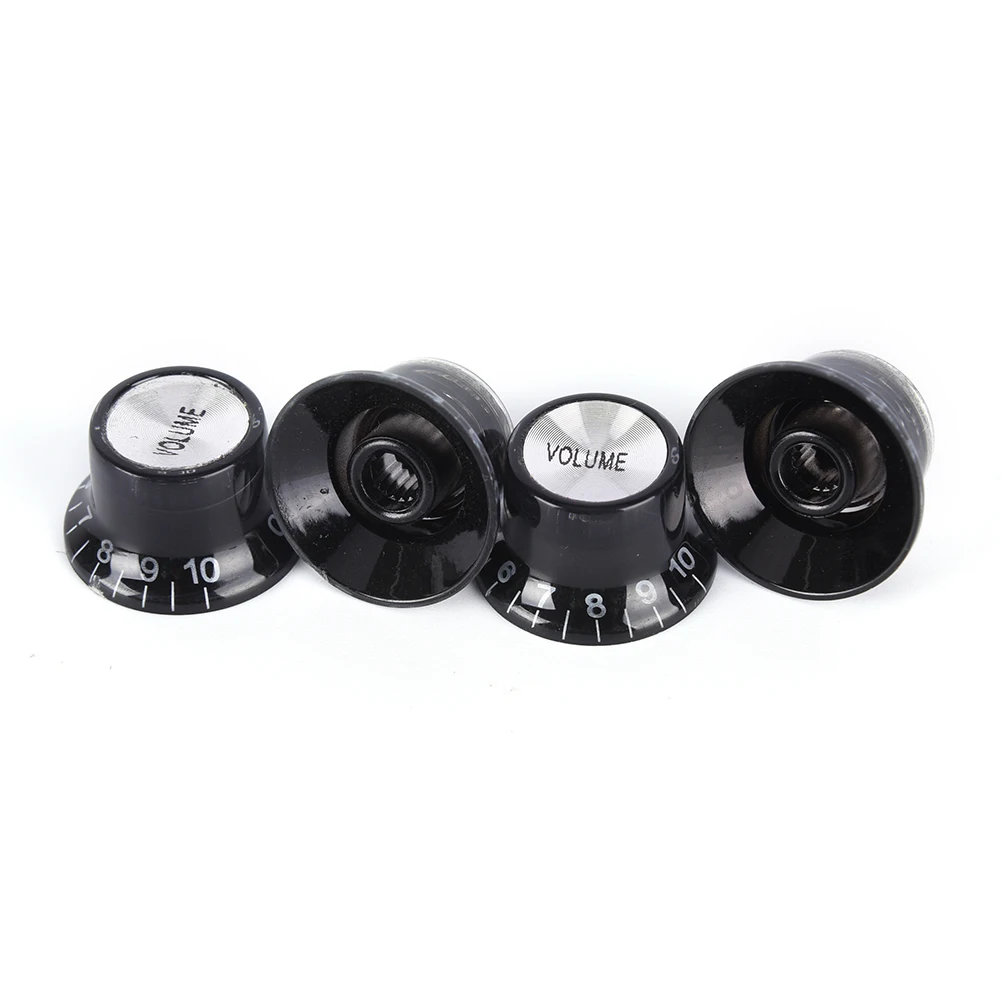 4Pcs Aluminum& Acrylic Black Volume Tone Top Dial Guitar Speed Bell Knob Control Silver Top Hat Bell