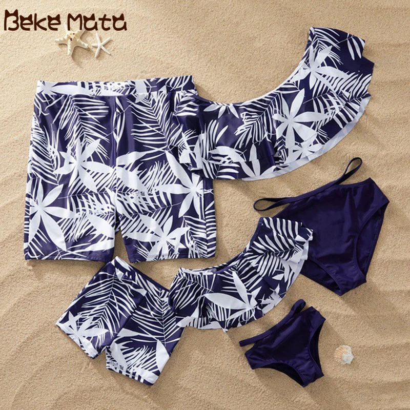 

Mom And Daughter Swimsuits Ruffle Mommy And Me Clothes Set Leaf Print Family Look Mother Daughter Bikini Father Son Bathing Suit