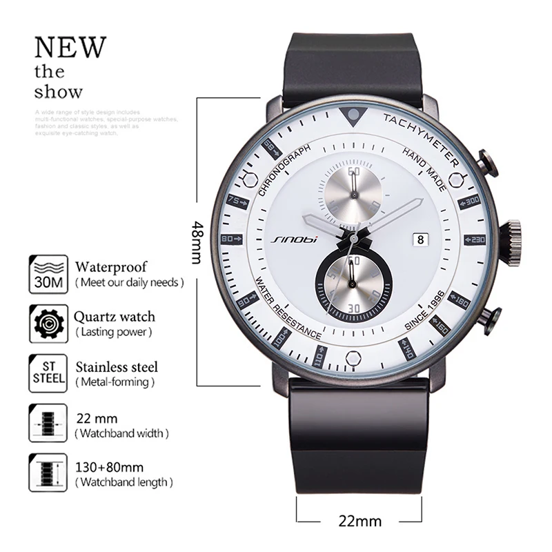 

SINOBI Mens Watches Chronograph Top Brand 2017 Luxury Ultra Thin Big Black Clock Waterproof Rubber Sports Man Quartz Wristwatch