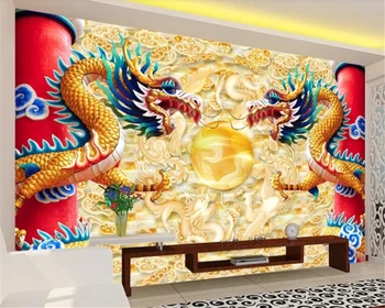 

beibehang Advanced Fashion Personality Double Dragon Play Bead Chinese Style Wallpaper Mural TV Background papel de parede