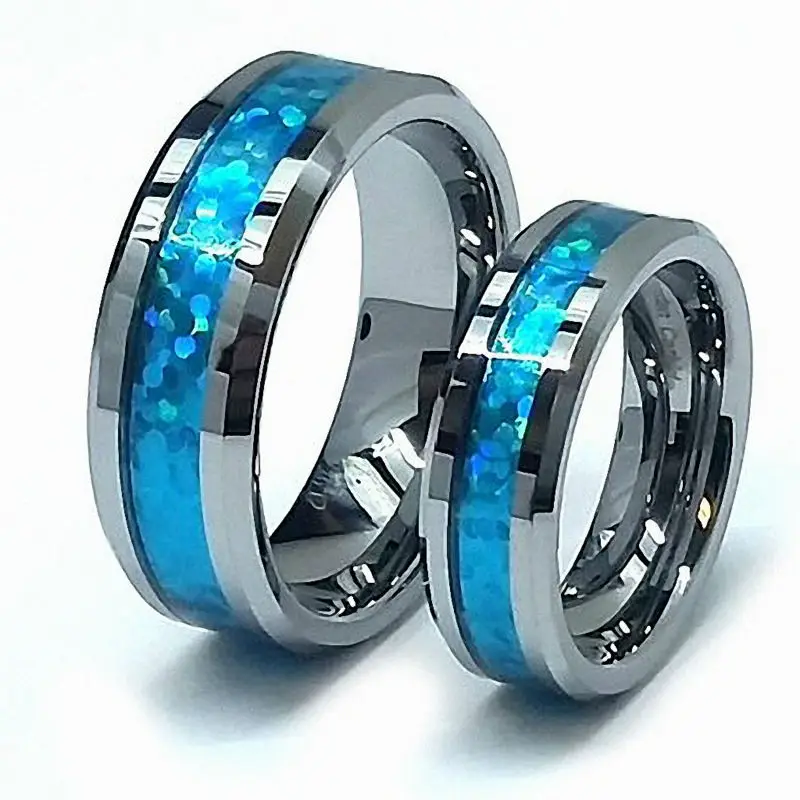 8mm Unisex Tungsten Carbide Ring w Abalone Shell Inlay Beveled Edge Wedding Band
