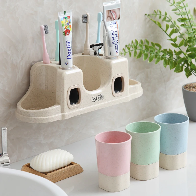 QuickDone 3 أنواع معجون الأسنان موزع + الأسنان كوب مجموعة فرشاة الأسنان تخزين الرف الحائط زوجين غسل الحمام حامل NDK0231