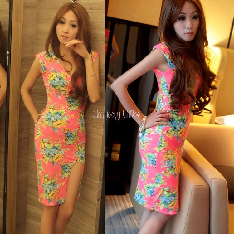 Top Sale 2015 New Spring Women's Sleeveless V-neck High Waist Elegant Dress Package Hip Pencil Floral Printed 50 | Женская одежда