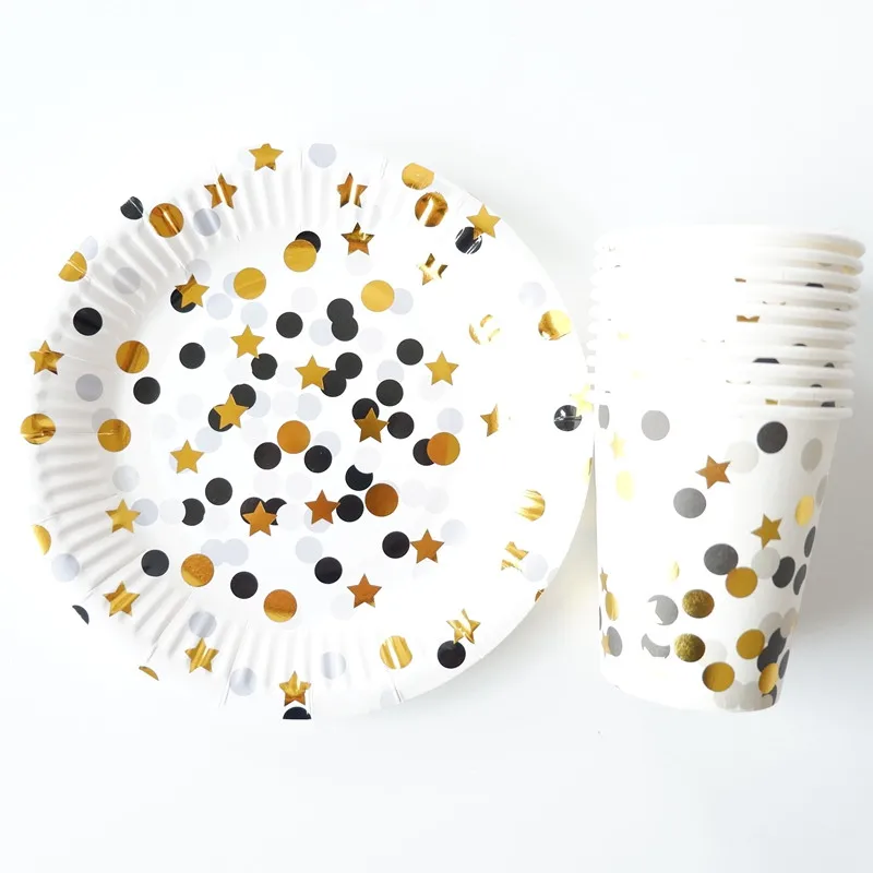 

20pcs Black Dot Gold Stars Disposable Tableware Party Paper Plates Baby Shower Birthday Party Supplies Paper Cups Tableware Set