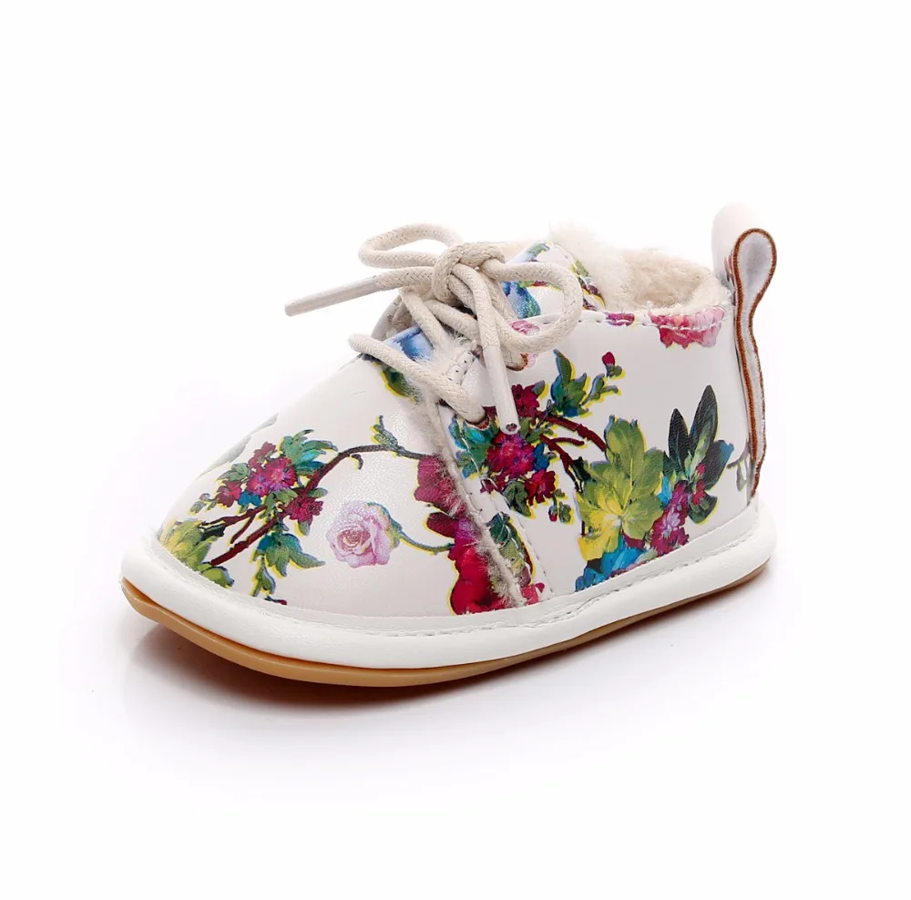 VIP Dropshiping lace up floral printing baby moccasins super warm PU leather fur winter baby shoes toddler girls boys snow boots