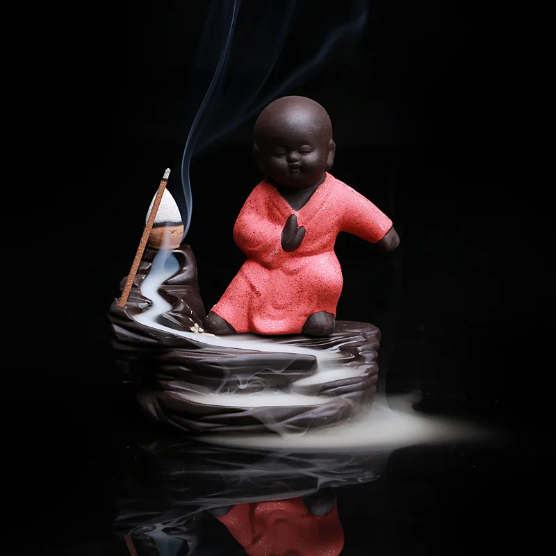 Маленький монах Маленький Будда курильница аромапалочки горелка с Буддой фиолетовый глиняная посуда спиральный ладан база G - Цвет: Red monk