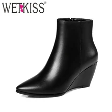 WETKISS Big Size 32-43 Genuine Leather Pointed toe Ankle Boots Women 2017 Winter Boots Short Plush Keep Warm Wedges Shoes Woman