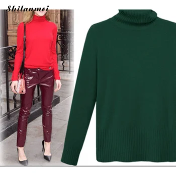 

2019 Autumn Women Knitwear Sweaters Woman Flexible Thermal Turtleneck Patchwork Slim Solid Red Sweater Ladies Elegant Tops