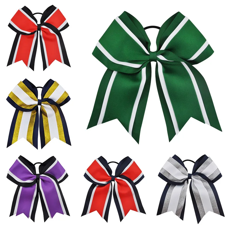 8 inch Three Layers Grosgrain Ribbon Hair Tie Cheerleading Bows Elastic Hair Band Striped Patchwork Girls Bows Hair Accessories