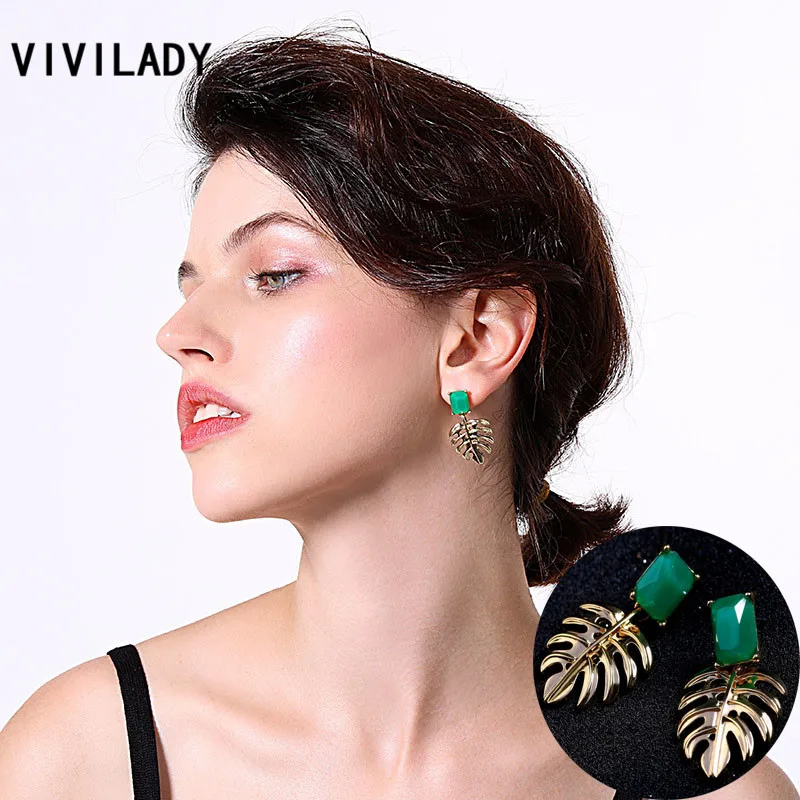

VIVILADY Boho Gold Alloy Monstera Leaf Drop Earrings Chic Green Stone Christmas Statement For Anniversary Lady Jewelry Brincos