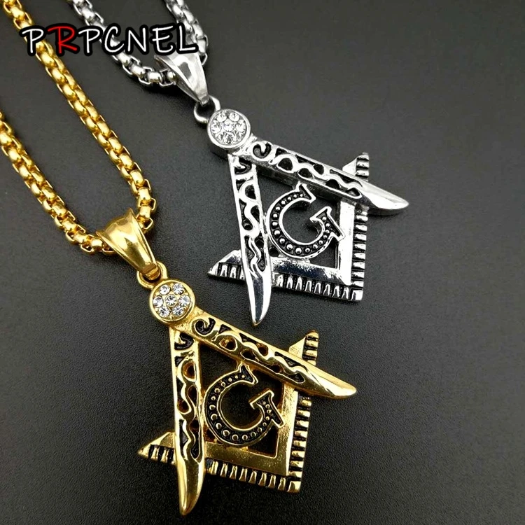 Davitu Hip Hop Crystal Jewelry Gift Chain Golden Freemason Masonic Titanuim Steel Necklaces Men Women Bling Compass G Pendants Metal Color: Small S OPP 