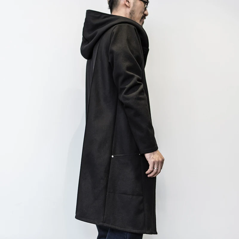 

2018 autumn loose with a hood male medium-long trench thin male black long-sleeve trench outerwear M-XL