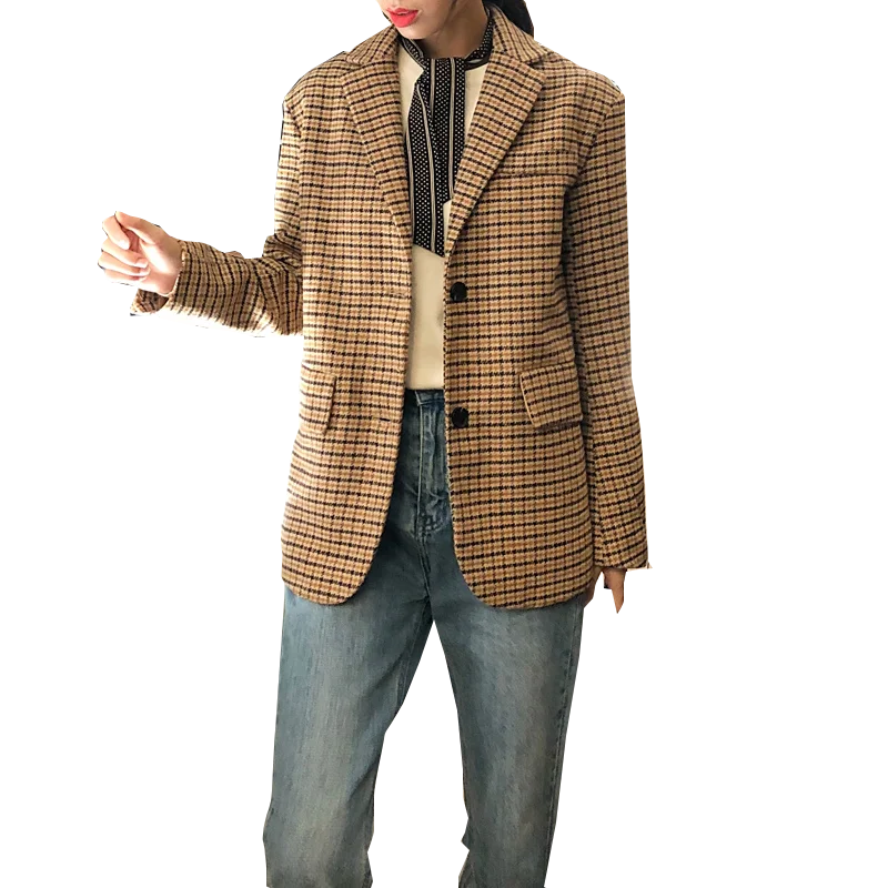 

women straight casual woolen jacket Plaid wool suit jacket Female Autumn winter feminino retro plaid Suit Plaid Loose Blazer