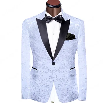 

White Floral Printed Mens Suits for Prom Party Black Peaked Lapel Groom Tuxedos Slim Fit Two Piece Male Suit Set Jacket Pants