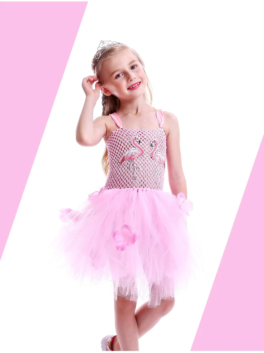 Girls Flamingo Kiss Tutu Dress Cartoon Flamingos Flower Princess Dresses for Photo Birthday Party Dress Up Clothing Summer Dress (2)