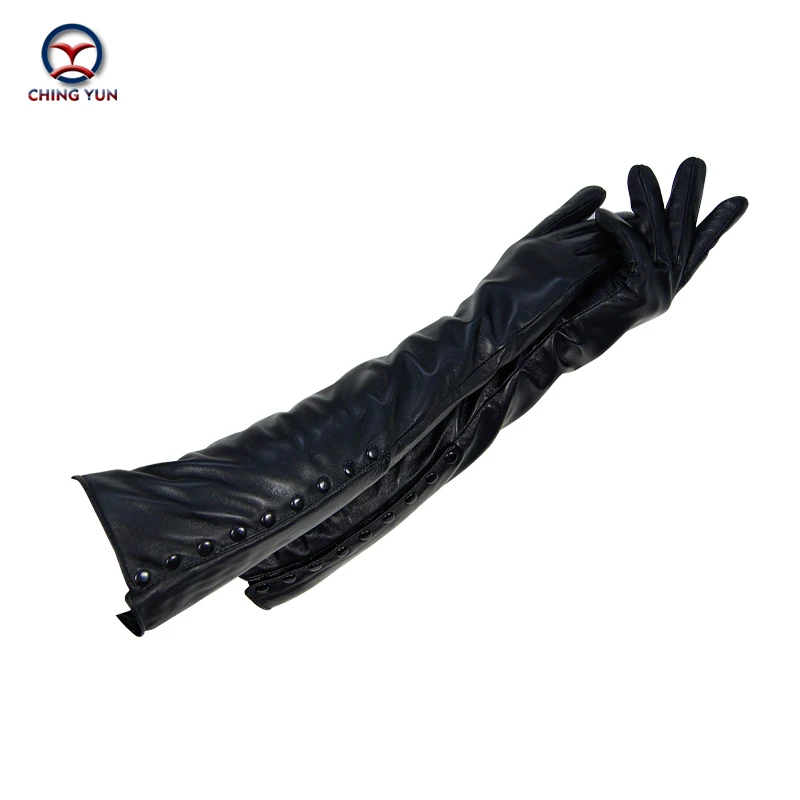 

Winter Warm Long Sleeved Gloves Women's Arm Sleeves Genuine Leather Sheepskin Cashmere Lady Mittens Many Riveted Buttons Gloves