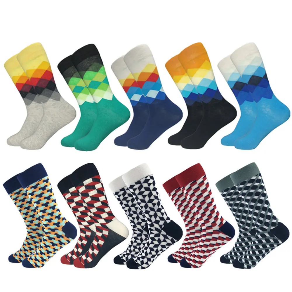 10 pairs of socks Горячая Распродажа повседневные мужские носки новые носки Осень и зима клетчатые Цветные счастливые деловые вечерние Хлопковое носки мужские - Цвет: 10 pairs of socks