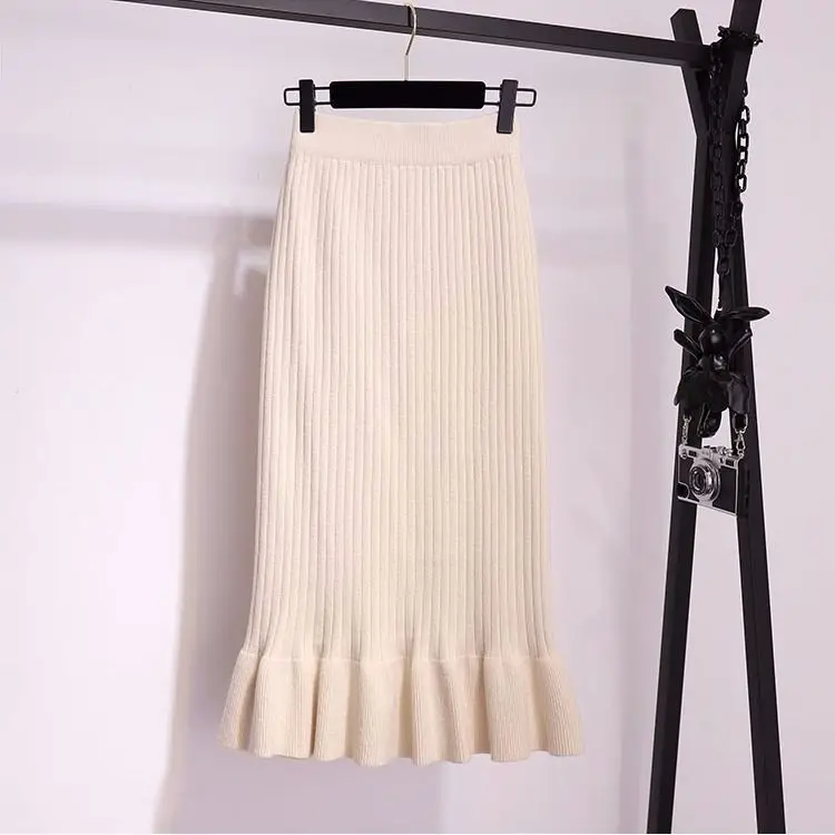 Vangull Женская длинная юбка-свитер зимние женские плиссированные юбки миди макси трикотажные с высокой талией теплые элегантные Saias Jupe Femme - Цвет: Beige for 65cm