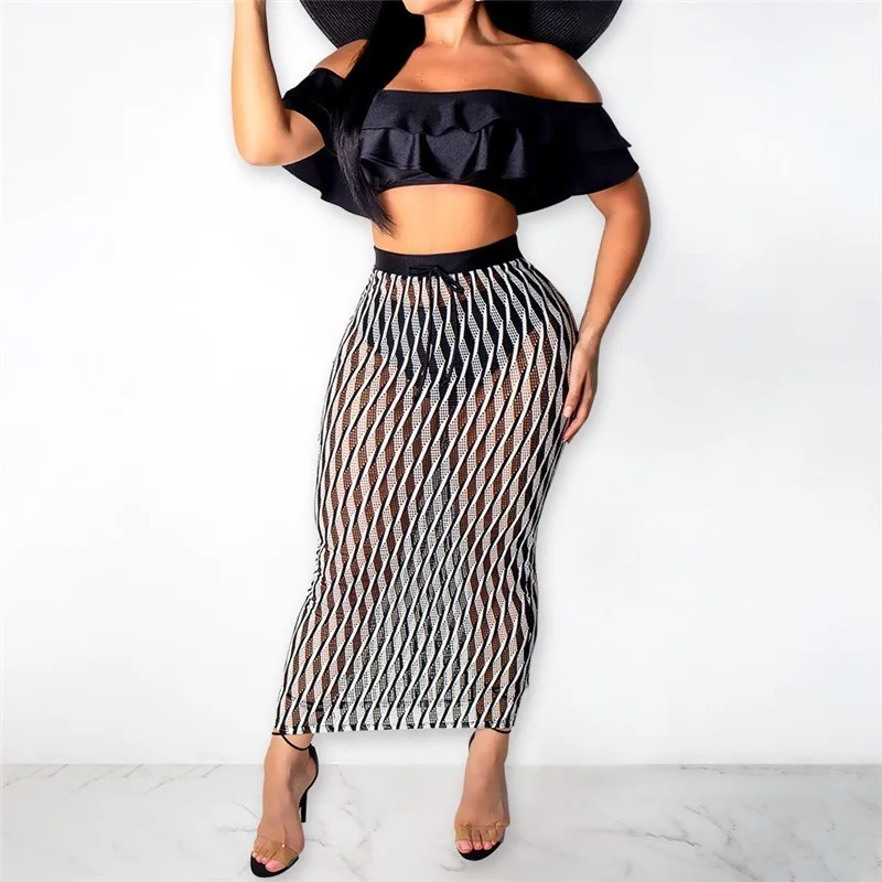 

Sexy 2 Piece Outfits For Women Summer Clothes Slash Neck Ruffle Crop Top and Wave Striped Mesh Long Skirts Sets See Through Suit