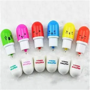 

6 X Blue Cute Smiling Face Pill Ballpoint Pens School Students Using Ballpen