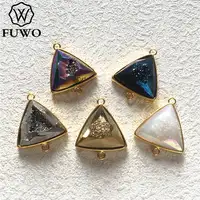 FUWO Wholesale 5Pcs Natural Druzy Titanium Connector Pendant,Golden Plated Bezel Faceted Rainbow Quartz For Jewelry Making PD242 1