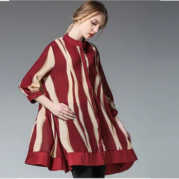 

New 2017 Summer contrast color stand collar loose long chiffon shirt female geometrical casual blouse tops plus size XXXXL 6386