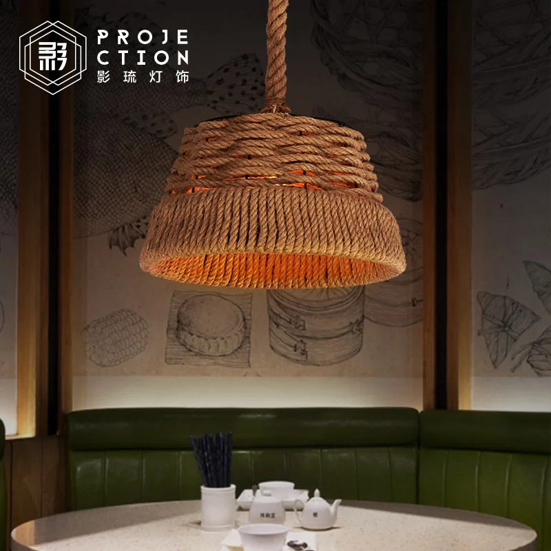 

American country vintage droplight wrought iron vintage loft industrial hemp rope pendant lamp